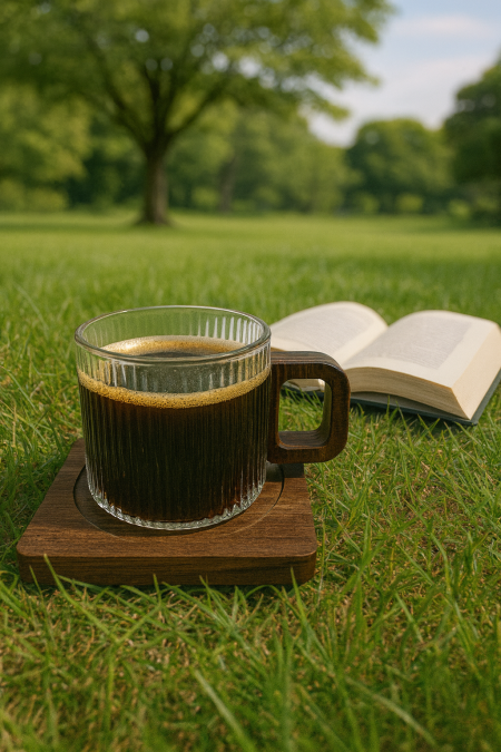 فنجان قهوة شفاف مع صحن خشب