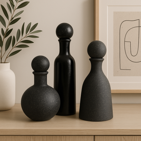 طقم تحف حجر مع غطا طابة - لون اسود