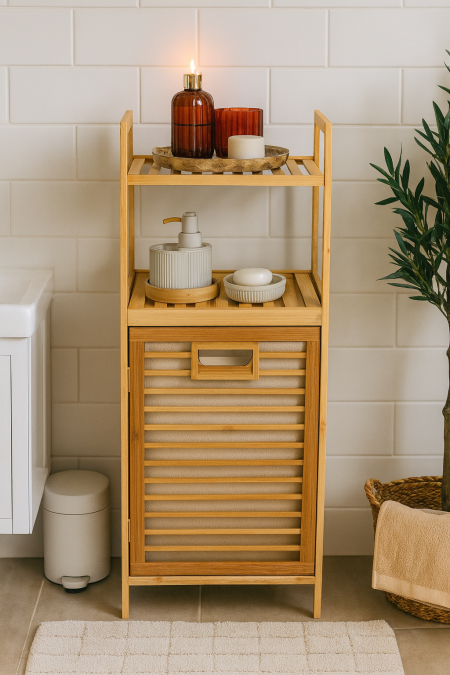 سلة غسيل بامبو خشب مع سلة بيج