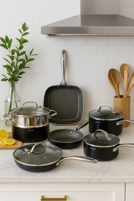 طقم طناجر جرانيت 12 قطعة - اسود وسلفر