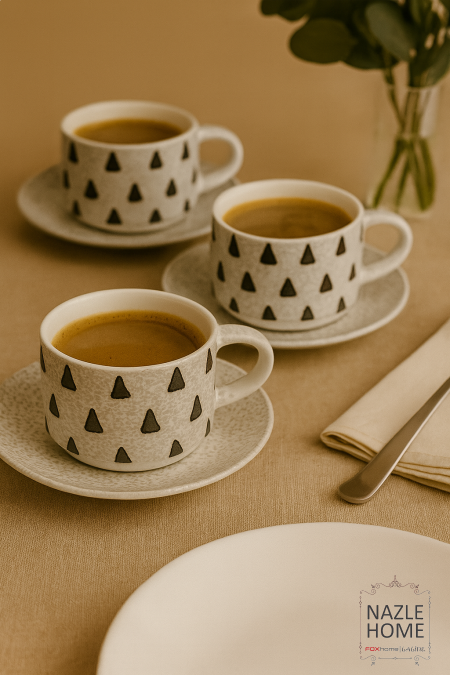 طقم 6 كاسات مع صحون ابيض منقش