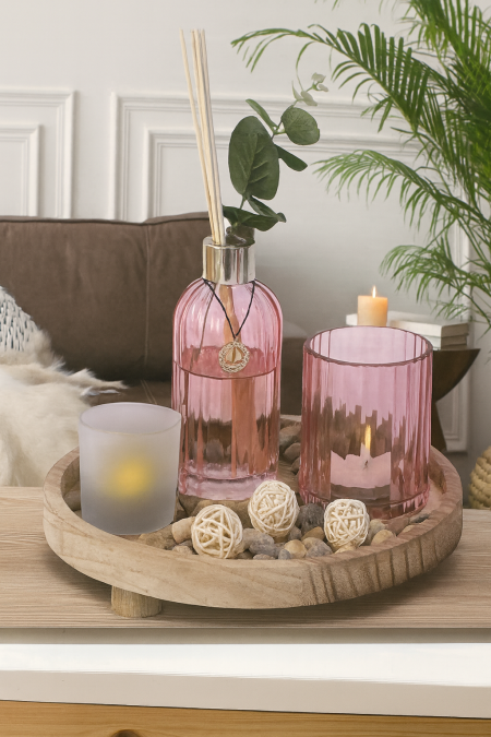 طقم قاعدة خشب مع معطر وشمع