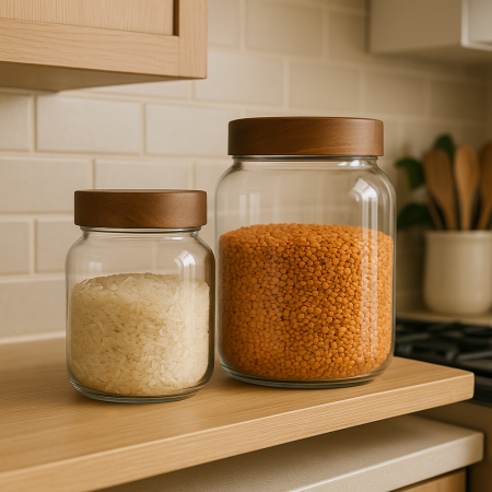 علب بقوليات زجاج غطا خشب