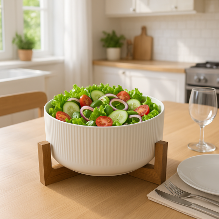 صحن سلطة ابيض مع قاعدة خشب - كبير