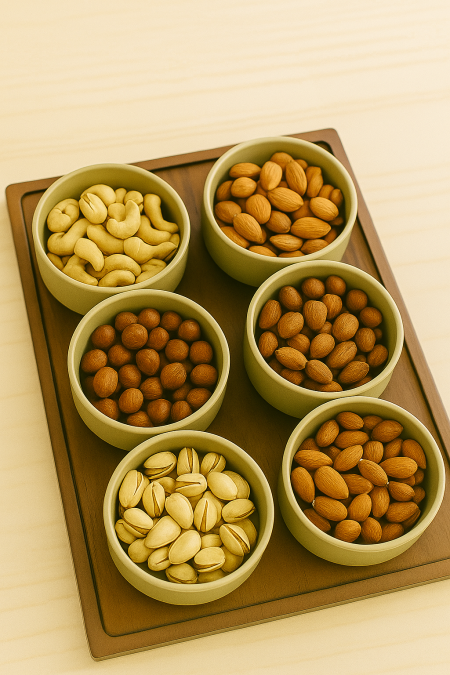 صينية خشب مع ٦ صحون زجاج - زيتي