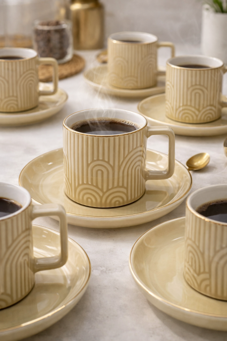 طقم 12 فنجان قهوة امبر منقش بيج