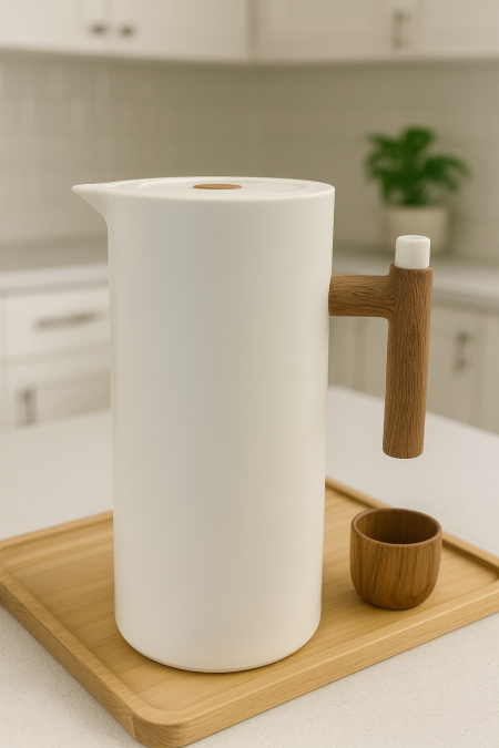 تيرموس ابيض سادة يد خشب