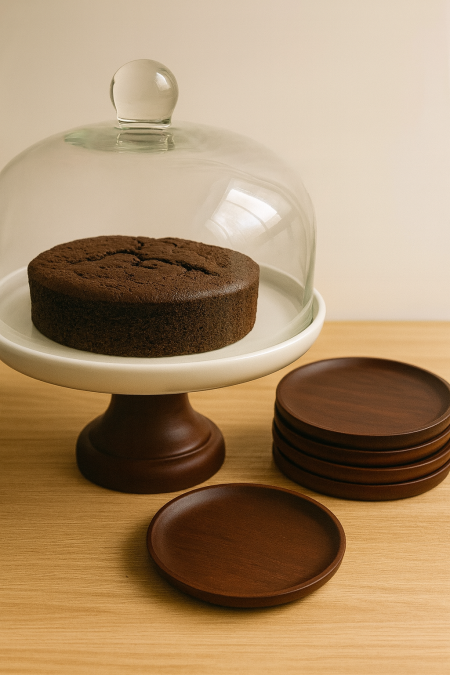 طقم ضيافة قاعدة كيك زجاج مع خشب +6 صحون خشب