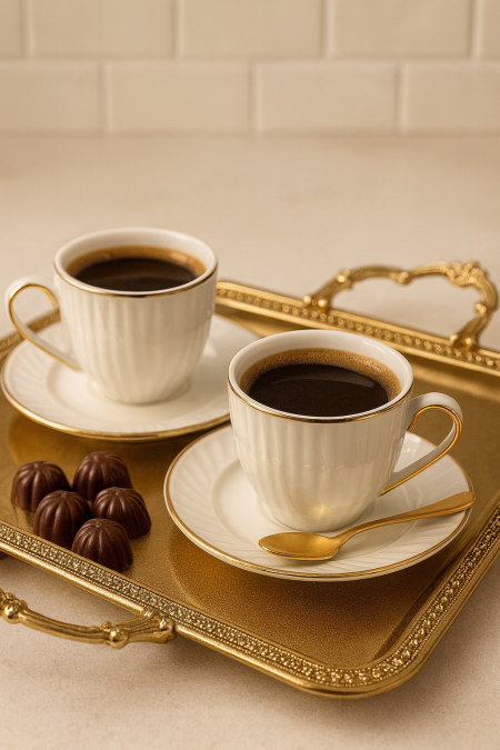 طقم 12 فنجان قهوة محزز مع ذهبي
