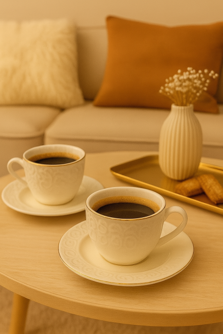 طقم 12 فنجان قهوة منقش مع حز ذهبي