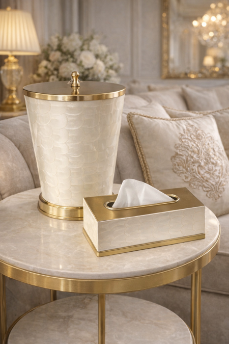 طقم سلة مع بكيت محارم نحاس هندي مع افوايت