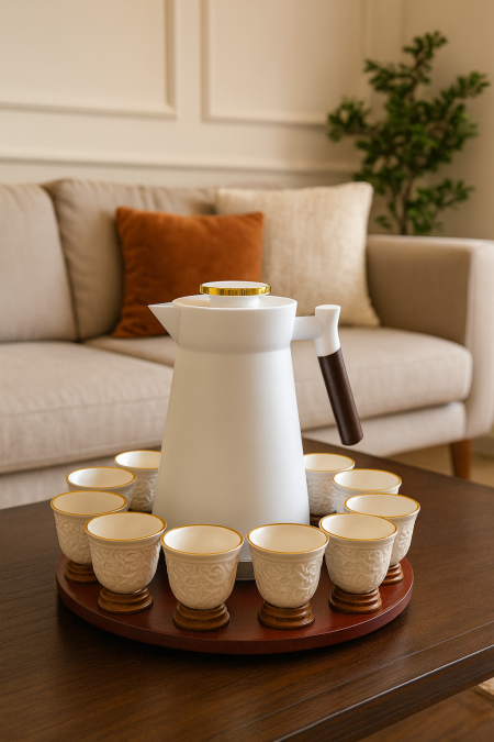 طقم 14 قطعة صينية خشب + تيرموس +12 فنجان