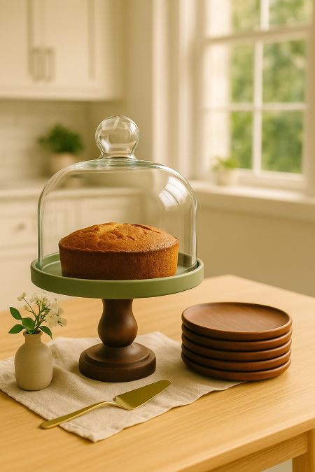 مضيفة زجاج مع قاعده خشب +6 صحون