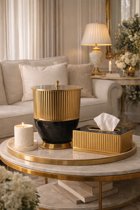 طقم هندي سلة مع بكيت محارم مخطط - اسود