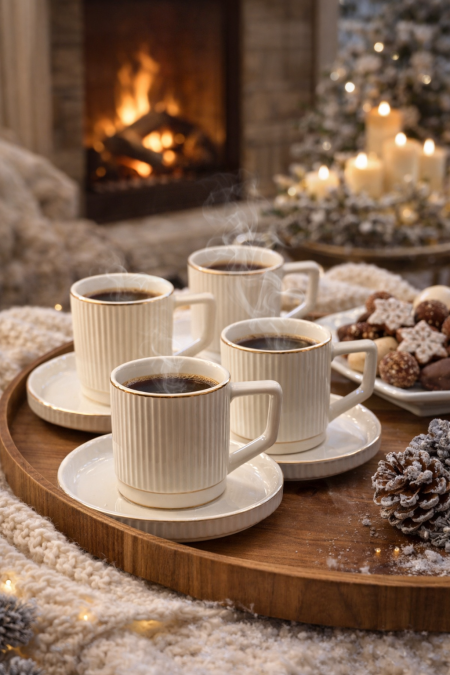 طقم 12 فنجان ابيض مخطط