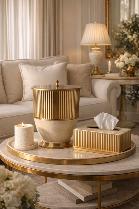 طقم سلة مع بكيت محارم نحاس هندي لون افوايت